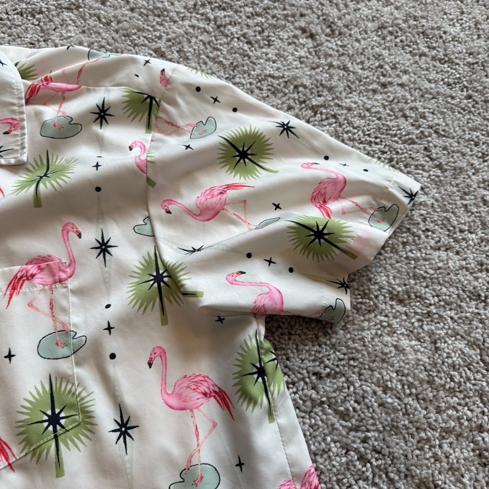 Hardaddy Men's White Flamingo Print Short-Sleeve Shirt Size Large - Picture 4 of 8
